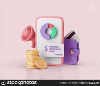 Financial report with circle chart, wallet, gramophone and coins on smartphone concept. Simple 3d render illustration with soft shadows. Financial report with circle chart, wallet, gramophone and coins on smartphone concept. Simple 3d render illustration