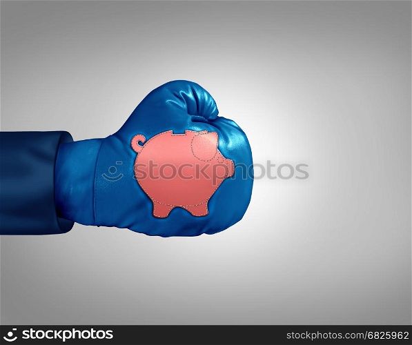 Financial savings power economic concept as a boxing glove with a piggybank patch as a strong bank or banking investment metaphor and investing strength symbol in a 3D illustration style.