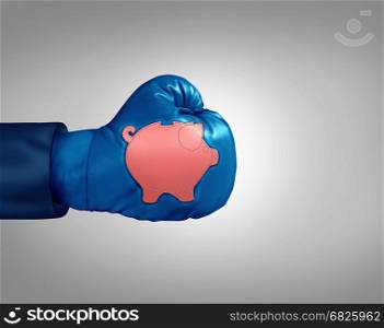 Financial savings power economic concept as a boxing glove with a piggybank patch as a strong bank or banking investment metaphor and investing strength symbol in a 3D illustration style.
