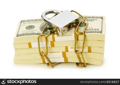 Financial security concept - padlock and dollars on white