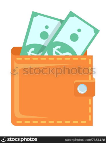 Financial stability salary in wallet vector, isolated dollars currency. Banknote in leather purse, profit and benefit, payment money allowance, cash. Wallet with Banknotes Green Papers Dollars Vector