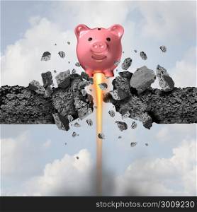 Financial strength and economic freedom banking concept as a piggy bank blasting through a cement obstacle as a bank savings metaphor with 3D illustration elements.