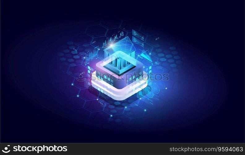 Financial technologies. Isometric image of virtual bank. Mobile bank conceptual illustration. Internet online banking. software and mobile application for finance services.