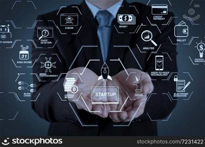 Financial technology flowchart and basic income mining cryptocurrency with blockchain startup unicorn crypto money virtual diagram. business man with an open hand as showing something concept