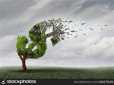 Financial trouble and money adversity or economic crisis concept as a tree being blown by the wind and damaged or destroyed by the force of a storm as a business crisis metaphor with 3D illustration elements.