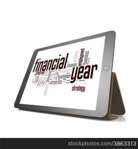 Financial year word cloud on tablet image with hi-res rendered artwork that could be used for any graphic design.. Financial year word cloud on tablet
