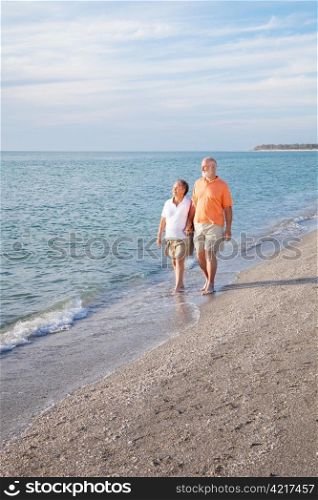 Financially secure retired senior couple enjoys a walk on a beautiful beach. Wide angle view with room for text.