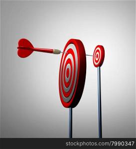 Find an opportunity out of view and hidden opportunities business concept as a red dart reaching over to the next target bulls eye to achieve success as a financial metaphor for long strategy and winning goal vision.