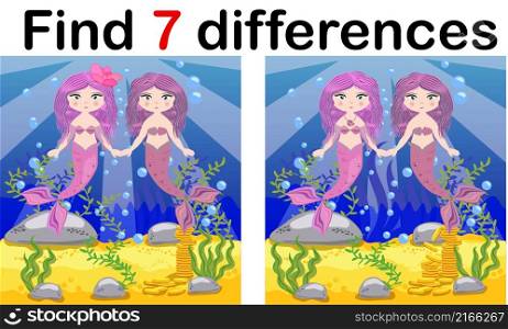 Find differences, game for children, mermaid underwater in cartoon style, education game for kids, preschool worksheet activity, task for the development of logical thinking. Find differences, game for children, mermaid underwater in cartoon style, education game for kids, preschool worksheet activity, task for the development of logical thinking.