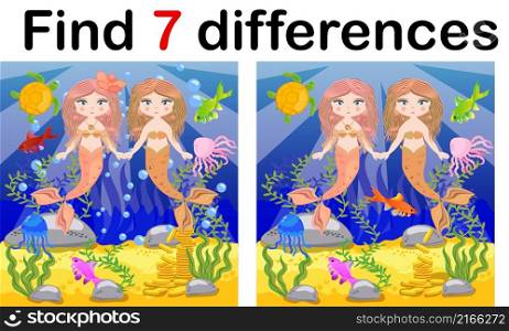 Find differences, game for children, mermaid underwater in cartoon style, education game for kids, preschool worksheet activity, task for the development of logical thinking. Find differences, game for children, mermaid underwater in cartoon style, education game for kids, preschool worksheet activity, task for the development of logical thinking.