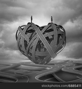 Find Love and a complicated romantic relationship concept as a man and woman on a group of road paths shaped as a heart as a dating or marriage symbol with 3D illustration elements.