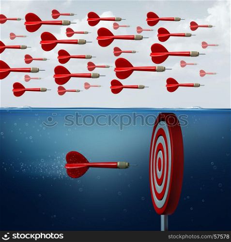 Find opportunity concept as a group of followers missing the opportunities below the water as an innovative thinker individual hitting the target with 3D illustration elements.