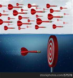 Find opportunity concept as a group of followers missing the opportunities below the water as an innovative thinker individual hitting the target with 3D illustration elements.