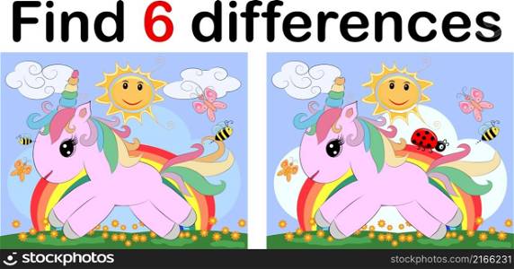 Find the difference the two funy little Unicorn. Children riddle entertainment. Sheet different toys construction equipment. Game tasks for attention. Mathematical exercise.. Find the difference the two funy little Unicorn. Children riddle entertainment. Sheet different toys construction equipment. Game tasks for attention. Mathematical exercise