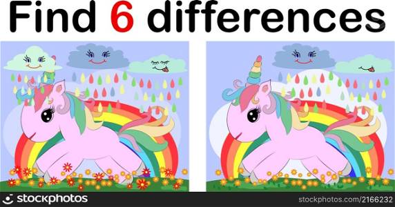 Find the difference the two funy little Unicorn. Children riddle entertainment. Sheet different toys construction equipment. Game tasks for attention. Mathematical exercise.. Find the difference the two funy little Unicorn. Children riddle entertainment. Sheet different toys construction equipment. Game tasks for attention. Mathematical exercise