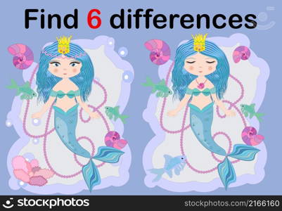 Find the difference the two illustration with sea mermaid. Children funny riddle entertainment. Sheet different toys construction equipment. Game tasks for attention. Mathematical exercise.. Find the difference the two illustration with sea mermaid. Children funny riddle entertainment.