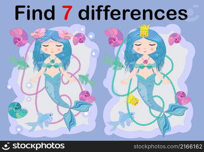 Find the difference the two illustration with sea mermaid. Children funny riddle entertainment. Sheet different toys construction equipment. Game tasks for attention. Mathematical exercise.. Find the difference the two illustration with sea mermaid. Children funny riddle entertainment.