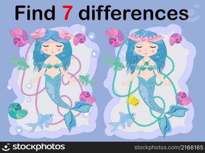 Find the difference the two illustration with sea mermaid. Children funny riddle entertainment. Sheet different toys construction equipment. Game tasks for attention. Mathematical exercise.. Find the difference the two illustration with sea mermaid. Children funny riddle entertainment.