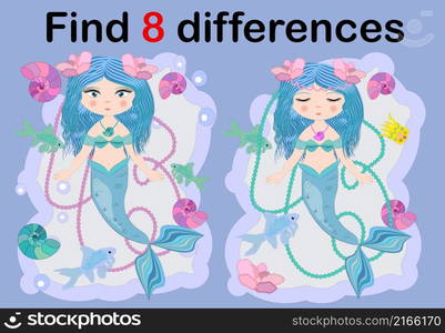 Find the difference the two illustration with sea mermaid. Children funny riddle entertainment. Sheet different toys construction equipment. Game tasks for attention. Mathematical exercise.. Find the difference the two illustration with sea mermaid. Children funny riddle entertainment.