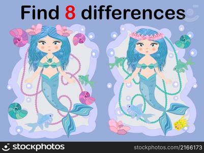 Find the difference the two illustration with sea mermaid. Children funny riddle entertainment. Sheet different toys construction equipment. Game tasks for attention. Mathematical exercise.. Find the difference the two illustration with sea mermaid. Children funny riddle entertainment.