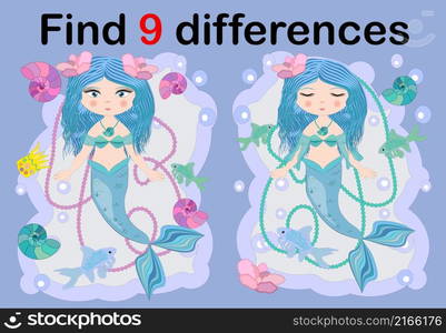 Find the difference the two illustration with sea mermaid. Children funny riddle entertainment. Sheet different toys construction equipment. Game tasks for attention. Mathematical exercise.. Find the difference the two illustration with sea mermaid. Children funny riddle entertainment.