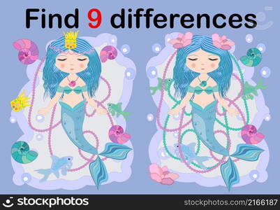 Find the difference the two illustration with sea mermaid. Children funny riddle entertainment. Sheet different toys construction equipment. Game tasks for attention. Mathematical exercise.. Find the difference the two illustration with sea mermaid. Children funny riddle entertainment.