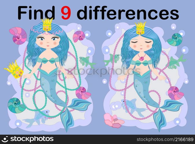 Find the difference the two illustration with sea mermaid. Children funny riddle entertainment. Sheet different toys construction equipment. Game tasks for attention. Mathematical exercise.. Find the difference the two illustration with sea mermaid. Children funny riddle entertainment.