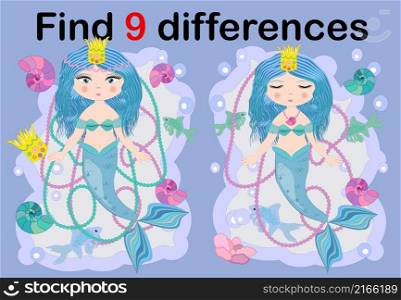 Find the difference the two illustration with sea mermaid. Children funny riddle entertainment. Sheet different toys construction equipment. Game tasks for attention. Mathematical exercise.. Find the difference the two illustration with sea mermaid. Children funny riddle entertainment.