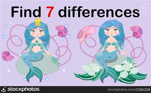 Find the difference the two illustration with sea mermaid. Children funny riddle entertainment. Sheet different toys construction equipment. Game tasks for attention. Mathematical exercise.. Find the difference the two illustration with sea mermaid. Children funny riddle entertainment.