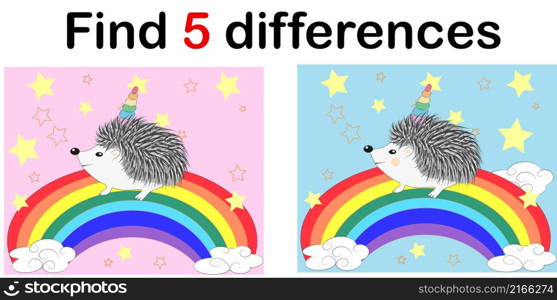 Find the differences between the pictures. Children&rsquo;s educational game. A hedgehog-unicorn with a rainbow.. Find the differences between the pictures. Children&rsquo;s educational game. A hedgehog-unicorn with a rainbow