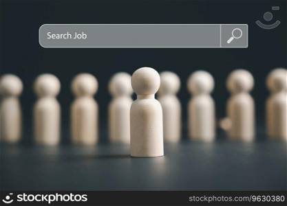 Find your career, Wood figure stands out as an employee leader, symbolizing job search and choice. Business hiring and recruitment concept. HR, career opportunity. People searching vacancies online.