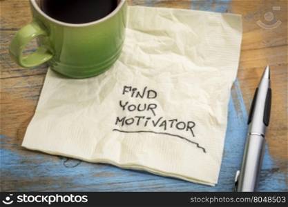 find your motivator advice - handwriting on a napkin with a cup of coffee