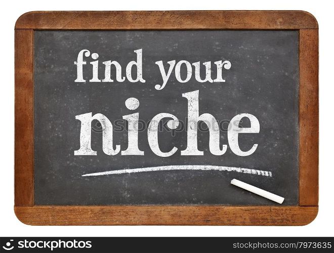 Find your niche advice - white chalk text on a vintage slate blackboard