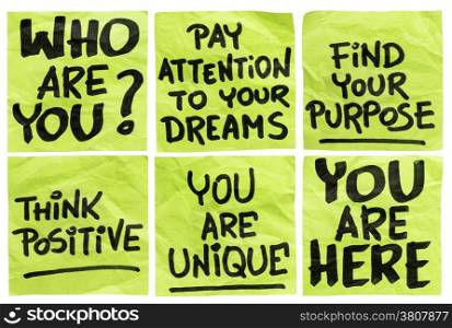 find your purpose and other motivational phrases - a set of isolated crumpled sticky notes