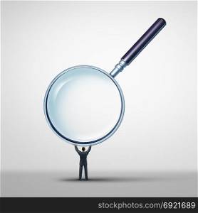 Finding concept as a person holding a giant loupe as a symbol for inspection or job recruitment symbol with 3D illustration elements.