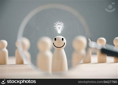 Finding with a magnifying glass, a happy wooden person figure standing with a light bulb symbol. Creating and sharing ideas for the team’s success. Creative thinking, innovation, and solution for business.