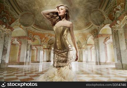 Fine art photo of a young fashion lady in a stylish interior