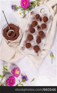 Fine chocolate truffles on white ceramic plate