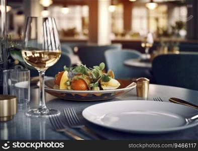 Fine dining restaurant table with glass of wine and fresh meal.AI generative.