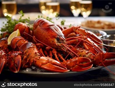 Fine dining restaurant with lobster and white wine on table.AI Generative