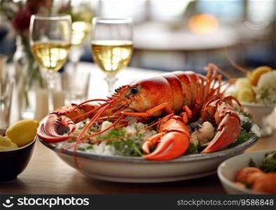 Fine dining restaurant with lobster and white wine on table.AI Generative