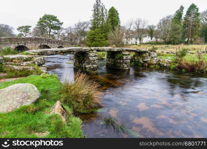 Fine example of Clapper Bridge. Postbridge, Dartmoor, Devon, England, United Kingdom.