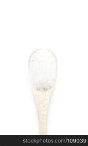Fine granulated sugar in wooden spoon isolated on white background. Fine granulated sugar in wooden spoon isolated on white backgrou