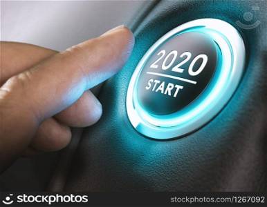 Finger about to press a car ignition button with the text 2020 start. Year two thousand and twenty concept.. Year 2020 Start, Two Thousand and Twenty Concept.