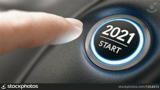Finger about to press a car ignition button with the text 2021 start. Year two thousand and twenty one concept. Composite image between a hand photography and a 3D background.. Year 2021 Start, Two Thousand and Twenty One Concept.