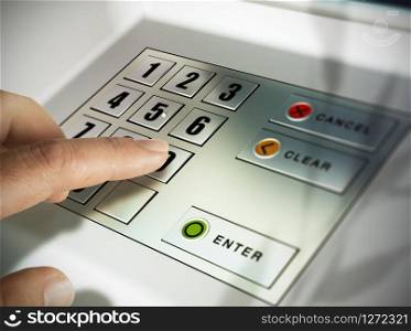 Finger about to press a pin code on a pad. Security code on an Automated Teller Machine, ATM. Automated Teller Machine, ATM