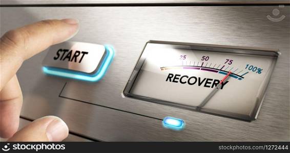 Finger about to press a start button with a dial where it is written the word recovery. Concept image for illustration of crisis or disaster recovery plan.. Crisis Recovery Concept