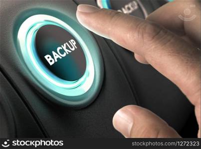 Finger about to press circular button with blue light over black background. Concept of data backup and secure online back-up.. Data Backup, Security Concept