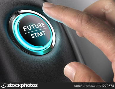 Finger about to press future button with blue light over black and grey background. Concept image for illustration of change or strategic vision.. The Future is Now, Strategic Vision