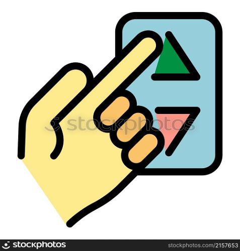 Finger calls the elevator icon. Outline finger calls the elevator vector icon color flat isolated. Finger calls the elevator icon color outline vector